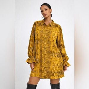Missguided Mustard Snake Print Button Front Shirt Dress US 8